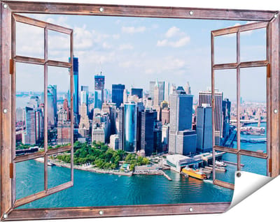 Gards Tuinposter Doorkijk New York Als een Eiland vanuit de Lucht - 120x80 cm - Tuindoek - Tuindecoratie - Wanddecoratie buiten - Tuinschilderij