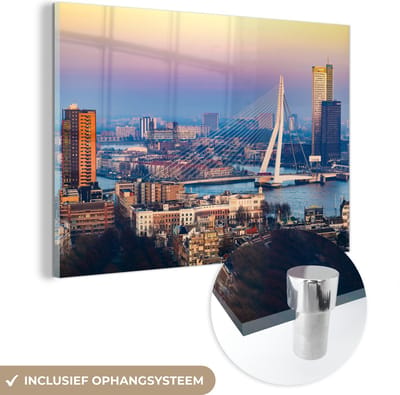 MuchoWow® Glasschilderij 60x40 cm - Schilderij acrylglas - Rotterdam - Skyline - Zonsondergang - Foto op glas - Schilderijen