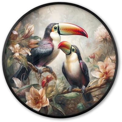 Poster in lijst Rond - Fotolijst 60x60 cm - Posters - Toekan - Vogels - Bloemen - Jungle - Ronde posterlijst zwart - Decoratie - Wanddecoratie woonkamer - Muurdecoratie slaapkamer