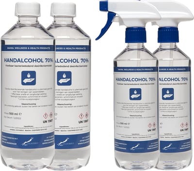 Handalcohol spray 70% - 2 x 500 ml met spraykop + 2 x 500 ml met dop