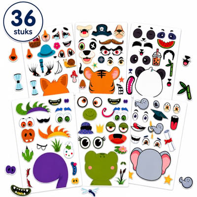 Partizzle 36x Zelf Gezichtjes Maken Stickers - Uitdeelcadeautjes Stickervellen Voor Kinderen / Peuters - Knutselen - Grabbelton Traktatie Cadeautjes - Dieren, Dinosaurus, Jungle - 6 Sticker Ontwerpen