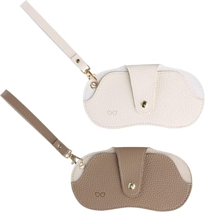 Set van 2 Draagbare Zonnebril Tassen van Zacht Leer, Bril Etui met Trekkoord, Wit en Bruin, Ideaal voor Reizen en Bescherming
