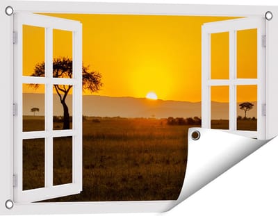 Gards Tuinposter Doorkijk Zonsopgang in de Savanne met een Boom - 60x40 cm - Tuindoek - Tuindecoratie - Wanddecoratie buiten - Tuinschilderij