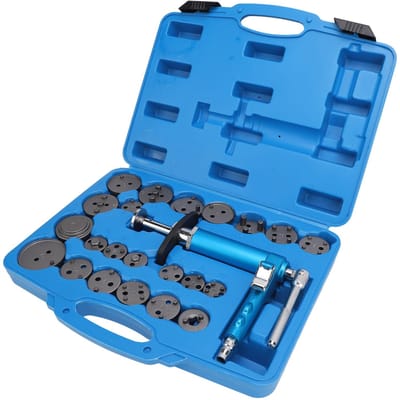 24 pièces Outil pour étrier de frein pneumatique Universel Professionnel Poignée rotative Alimenté par air Ensemble d'outils pour repousser les pistons d'étrier de frein blue