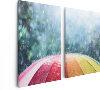 Artaza Canvas Schilderij Tweeluik Regenboog Paraplu met Regen - 80x60 - Foto Op Canvas - Canvas Print