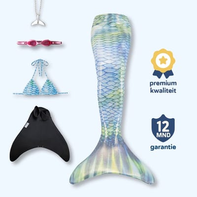 Serena Zilveren zeemeerminstaart maat 158-164 (XS) met bikini - monovin met voetvakken - zwembril en ketting