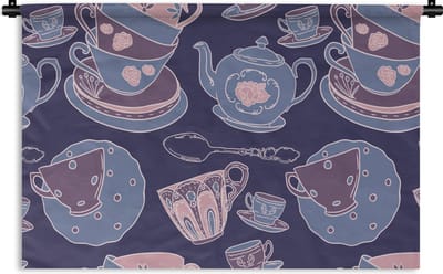Wandkleed - Wanddoek - Patroon - Thee - Kop - Theepot - 90x60 cm - Wandtapijt