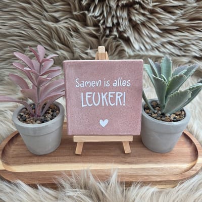 Robuust wenstegeltje “Samen is alles leuker!” – Liefde & Vriendschap Cadeau – Keramiek – Decoratie – Relatie Cadeautje – Vriendschap - Trendy nu – Decoratief Tegeltje met Standaard – Cadeau Idee