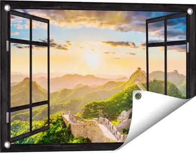 Gards Tuinposter Doorkijk De Chinese Muur door de Bergen met Zon - 60x40 cm - Tuindoek - Tuindecoratie - Wanddecoratie buiten - Tuinschilderij