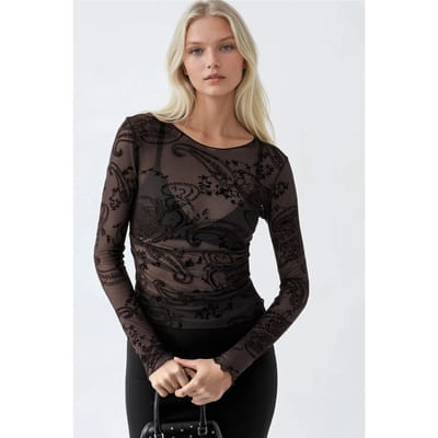 Fitted Lange Mouwen Flock Print Tulle Blouse