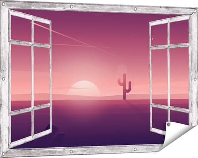 Gards Tuinposter Doorkijk Zonsondergang in de Woestijn met een Cactus - 120x80 cm - Tuindoek - Tuindecoratie - Wanddecoratie buiten - Tuinschilderij