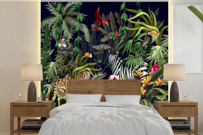 Behang - Fotobehang Jungle dieren - Natuur - Jongens - Meisjes - Flamingo - Zebra - Breedte 300 cm x hoogte 300 cm
