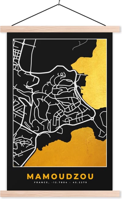 Posterhanger incl. Poster 40x60 cm - Schoolplaat - Plattegrond – Mamouodzou – Stadskaart – Kaart – Frankrijk - Textielposter - Blanke latten - Stadskaart