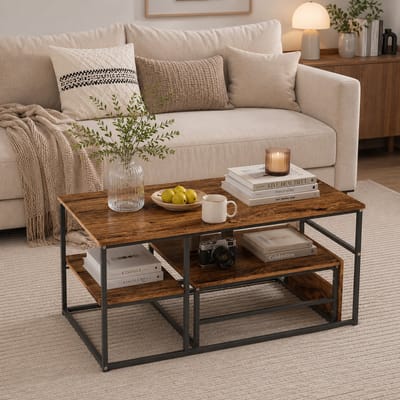 Salontafel voor de woonkamer - Set van 2 - stalen frame met plank - walnootkleurige bijzettafel - industriële en Scandinavische stijl - 105x52x50cm