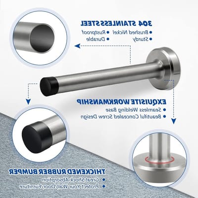Extra Lange Deurstoppers van RVS met Rubber Tips voor Binnen en Buiten, 150mm, Wandmontage voor Skirting Boards