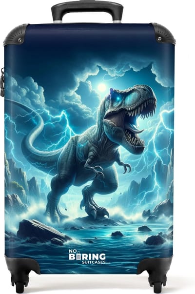NoBoringSuitcases.com® - Kinderkoffer jongen - Blauwe dino - Kindertrolley jongens - Handbagage koffer lichtgewicht - Reiskoffer trolley kinderen - Rolkoffer met wieltjes - Past binnen 55x40x20 en 55x35x25