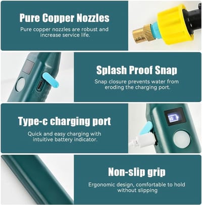Draadloze elektrische tuin sproeier met USB-oplading, batterij-indicator, 3 verstelbare spuitmonden en 5 meter slang voor optimale plantverzorging en besproeiing