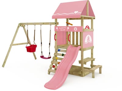 Wickey DinkyHouse Speeltoestel met Schommel & Picknicktafel - Houten Klimrek Buiten met Glijbaan en Zandbak - Compact Speeltoestel voor de Tuin - Inclusief Krijtbord en Klimstenen – 303x317x247 cm - Pastelroze