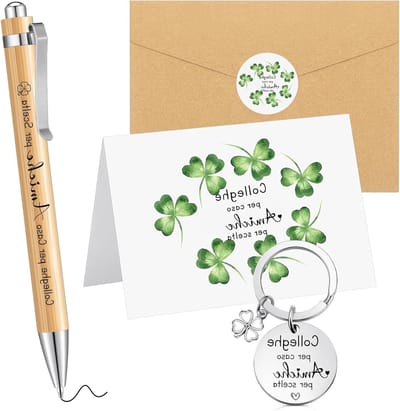 Cosensi - Cadeauset voor collega's met klaverblad-hanger en houten balpen - inclusief wenskaart en enveloppe - afscheidscadeau voor collega's - Kerst, verjaardag, bedankje, pensioen