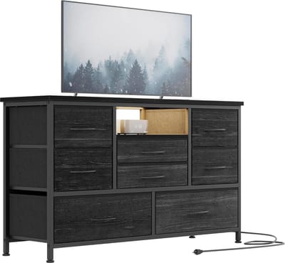 Tv-meubel met stoffen lades- commode- tv-meubel met ledverlichting- metalen frame- dressoir met organizer- voor slaapkamer- hal- woonkamer- zwart en grijs