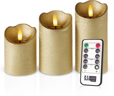 Meisterhome – 3 x Led Stompkaars Rustiek - Goud – Stompkaars Echte wax – Led kaarsen - 10 / 12.5 / 15 cm Hoog - Met afstandsbediening – Timer 2/4/6/8 uur - Dimbaar