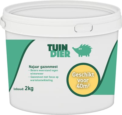 Najaarsmest gazon | TUIN-DIER® | Najaar gazonmest | Najaarsmeststof | Najaarsmest voor gras | In handige bewaaremmer | 2.000 gram | 2 kilogram
