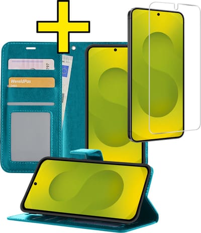Hoesje - Met Screenprotector - Geschikt voor Samsung Galaxy S25 - Luxe Pasjeshouder - Bookcase Portemonee - Flip Case - Kunstleer Book Case - Flipcase - Book Cover - Walletcase - Portemonneehoes - Telefoonhoesjes - Turquoise