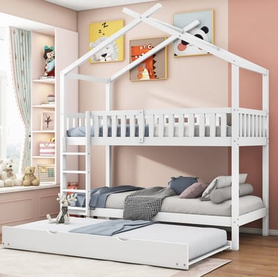 MEUNIQ stapelbed 90x200 cm met uitschuifbed, ladder en veiligheidshek, wit houten kinderbed met dakframe voor kinderkamer, 3 slaapplaatsen
