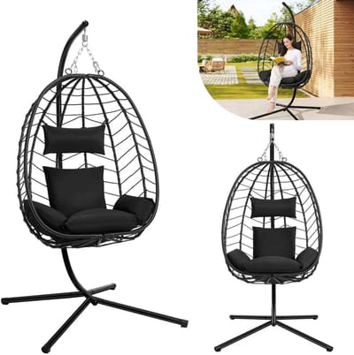 CORE Hangstoel met Standaard - Luxe Eierstoel - Met ijzeren standaard en kussens - Max. 150kg - 100x100x195cm - Donker Grijs