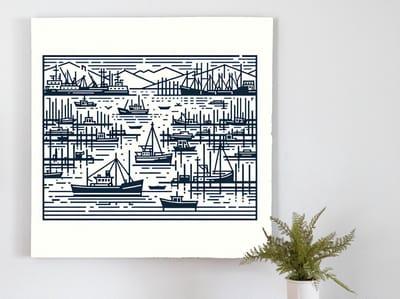 Line art haven schilderij | Creatieve kustlijn: een kunstwerk dat de haven tot leven brengt | Kunst - 60x60 centimeter op Dibond | Foto op Dibond