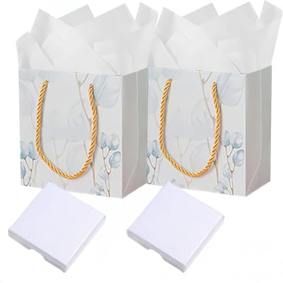 Geschenktassenset met groene bladeren, 2 stuks, 14 x 15 x 7 cm, inclusief sieradendozen en cadeaupapier voor sieraden en kleine geschenken