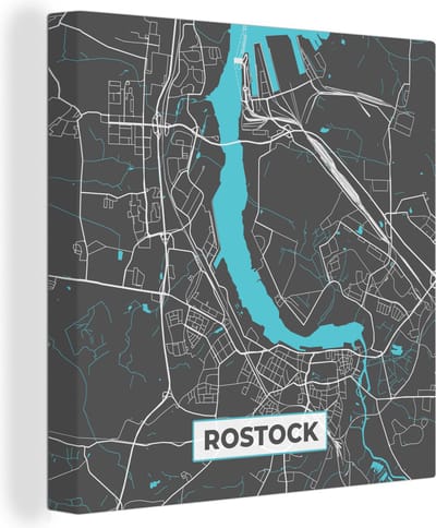Canvas Schilderij Blauw – Duitsland – Plattegrond – Stadskaart – Kaart – Rostock - 20x20 cm - Wanddecoratie