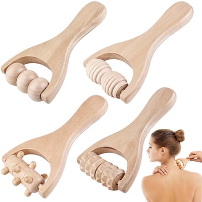 Dailygoods- Massageroller met Handvat - Houten Massageroller - Rugspierroller - Fasciarol - 4 Stuks - Voor Ontspanning van Spieren - Massagehulpmiddel