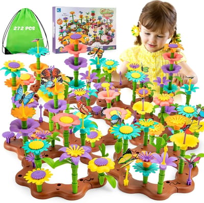 Bloementuinspeelgoed vanaf 3 jaar meisjes, 272 stuks doe-het-zelf boeket sets cadeau-idee, bouwsteen bloemenspeelgoed met opbergtas Montessori speelgoed cadeau meisjes vanaf 3 4 5 6 jaar