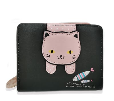 Dailygoods- Portemonnee Schattige Kat - Kleine Portemonnee - Korte Rits - Duurzaam PU-leer - Compact Formaat - Lichtgewicht en Comfortabel - Mini Portemonnee
