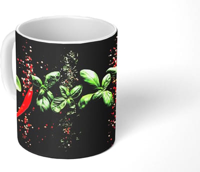 Mok - Koffiemok - Chilipepers - Basilicum - Blaadjes - Rood - Mokken - 350 ML - Beker - Koffiemokken - Theemok