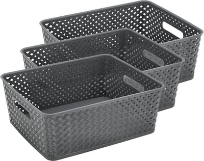 Mandjes Riet Set van 3 – ±12 Liter per Mand – Opbergmand Speelgoed Kinderkamer – Keukenkast Organizer – Kledingkast Organizer – Opbergdoos Grijs – 35,3 × 29,5 × 13,3 cm