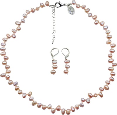 Zoetwaterparel ketting set Rozi - parelketting + parel oorbellen - echte parels - roze - wit - sterling zilver (925) - sieraden zakje