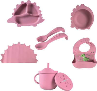 Sproudsy Serviesset Dino - Kinderservies - Kraamcadeau - Baby - 6-delig - Hot Pink