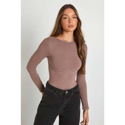 boohoo Dames Naadloze ronde hals, lange mouw bodysuit | Mocha | Maat: Small