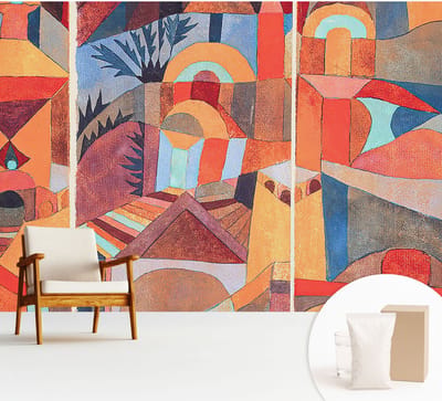 Wallfluent Behang - Kleurrijk mozaïek Muurbehang - 312x219 cm - Oranje Behang - Voor liefhebbers van berglandschappen en kunst - Behang Voor de woonkamer, slaapkamer en kantoor - Behangrol Abstractie