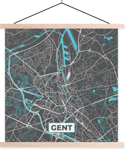 Posterhanger incl. Poster 40x40 cm - Schoolplaat - België – Gent – Stadskaart – Kaart – Blauw – Plattegrond - Textielposter - Blanke latten - Stadskaart