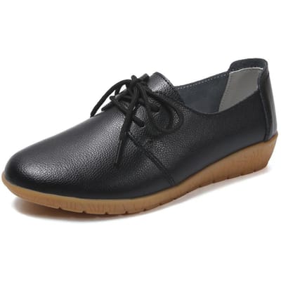 Lente Nieuwe Echt Leer Dames Schoenen Vetersluiting Sleehak Casual Witte Schoenen Dames Zachte Zool Werkschoenen Ronde Neus Antislip Enkele Schoenen Dames 41 black