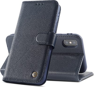 Echt Lederen Book Case Hoesje - Leren Portemonnee Telefoonhoesje - Geschikt voor iPhone Xs Max - Navy