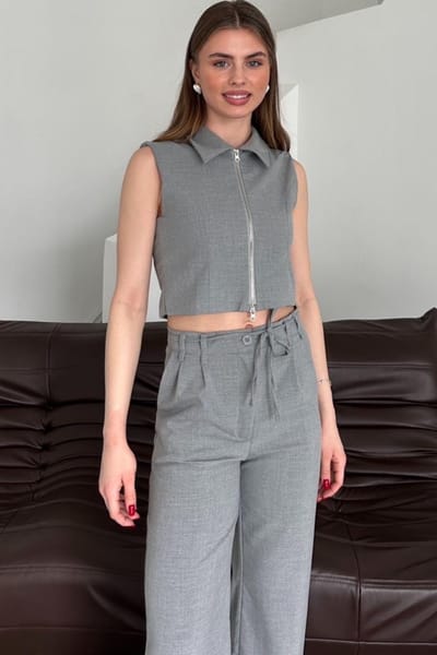 Mouwloze Vest met Rits & Wijde Pantalon Twee-Delige Set