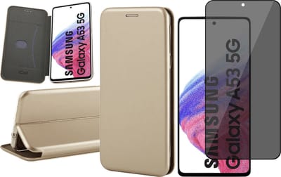 Hoesje geschikt voor Samsung Galaxy A53 - Book Case Kunstlederen Wallet Cover Minimalistisch Pasjeshouder Hoes Goud - Tempered Glass Privacy Screenprotector