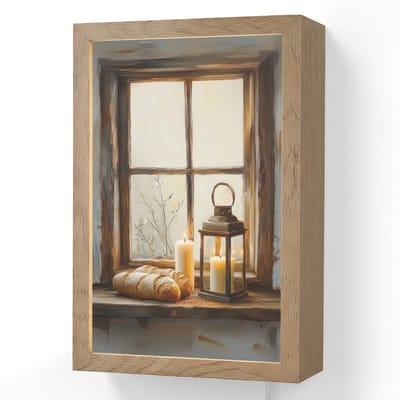 Wandlamp 20x30 cm - Oplaadbaar - Stilleven - Rustiek - Kaarsen - Broden - Raam - Wandlampen binnen woonkamer - Slaapkamer lamp met kabel - Decoratieve nachtlamp - Vloerlamp snoer
