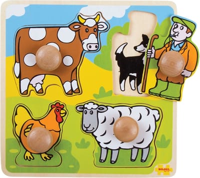 BigJigs houten knoppuzzel Boerderij - educatief speelgoed 4 stukjes.