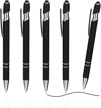 TOVBMUP Hoogwaardige balpennen met stylus - 5 stuks - gelpen - vulpen - ergonomische pennen - met antislip grip - zwart - metalen set - Geschikt voor kantoor en thuis
