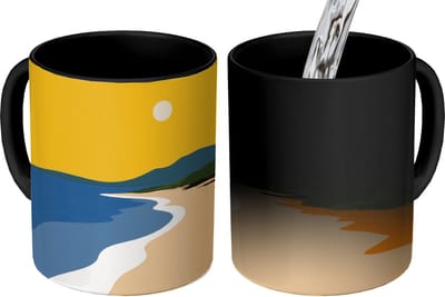 Magische Mok - Foto op Warmte Mokken - Koffiemok - Kustlijn - Oranje lucht - Begroeiing - Magic Mok - Beker - 350 ML - Theemok